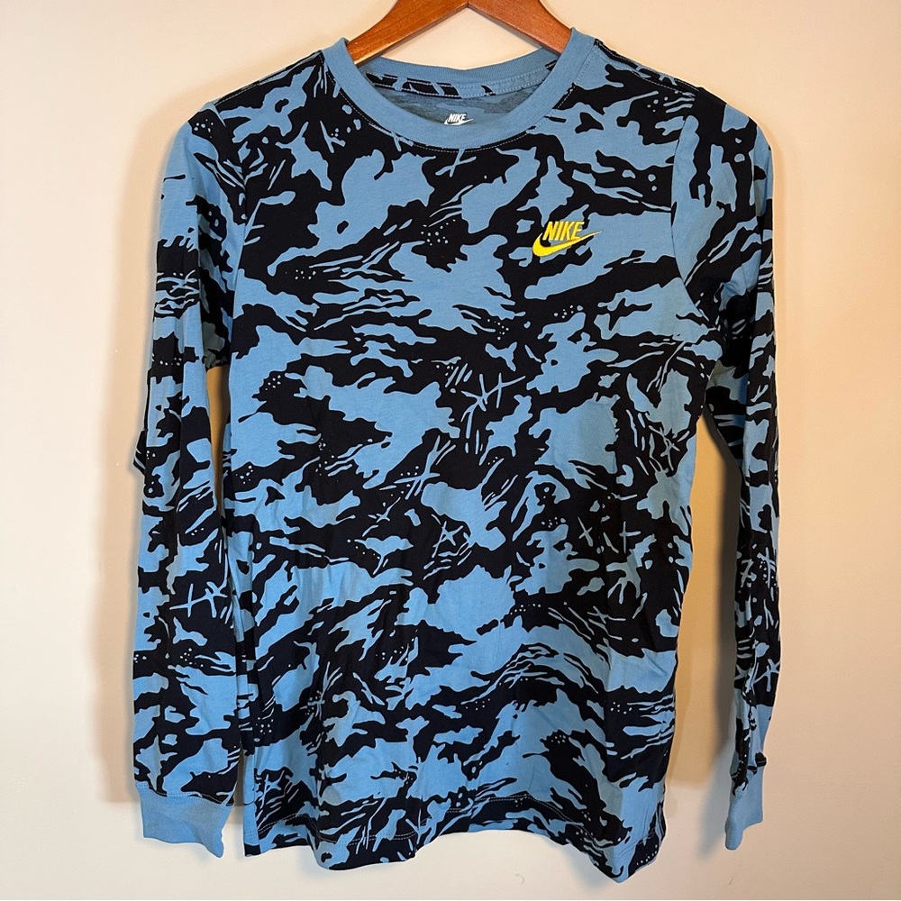 Nike Kids Long Sleeve Tee Blue Black with Yellow Logo